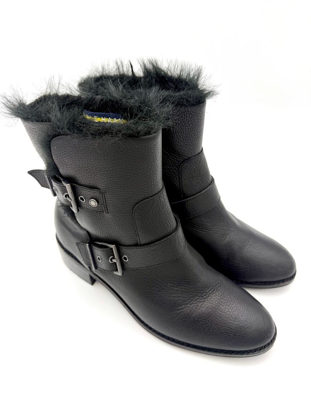 Cole Haan Grandseries Waterproof Moto Boots Black Leather Faux Fur Lined Size 9